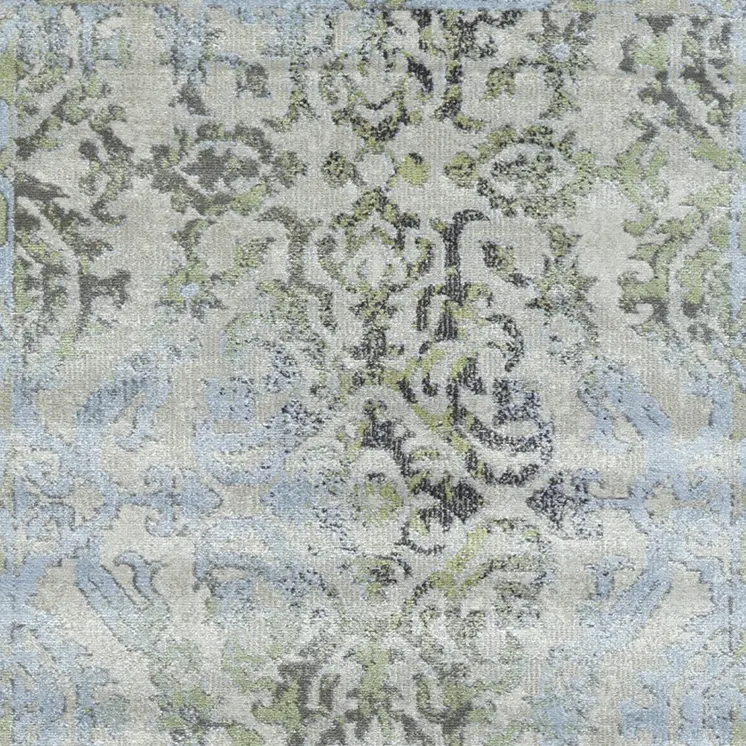 8' Blue Gray and Green Floral Power Loom Worn Faded Runner Rug