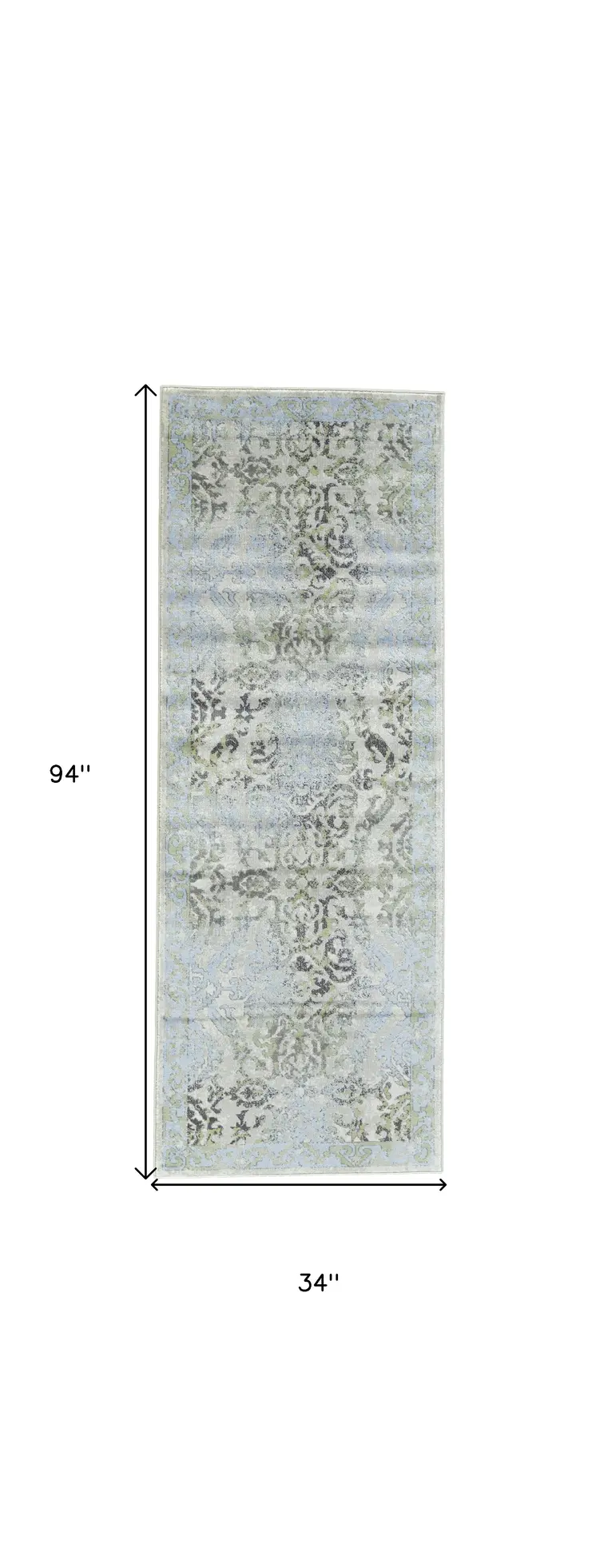 8' Blue Gray and Green Floral Power Loom Worn Faded Runner Rug