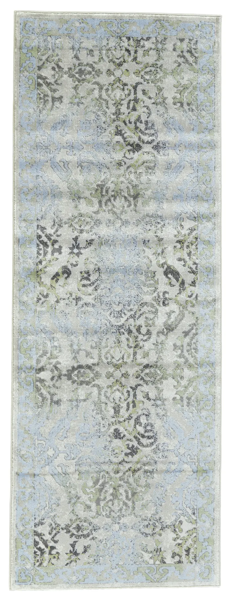 8' Blue Gray and Green Floral Power Loom Worn Faded Runner Rug