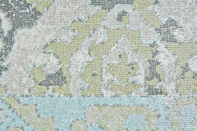 8' Blue Gray and Green Floral Power Loom Worn Faded Runner Rug
