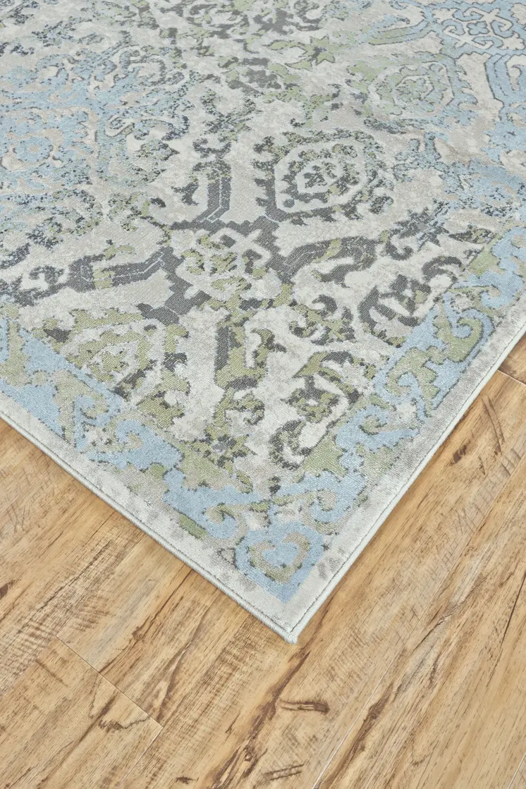 8' Blue Gray and Green Floral Power Loom Worn Faded Runner Rug