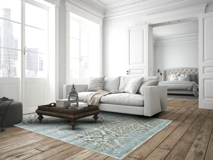 8' Blue Gray and Green Floral Power Loom Worn Faded Runner Rug
