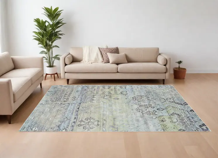 8' X 11' Green and Gray Abstract Power Loom Worn Faded Area Rug