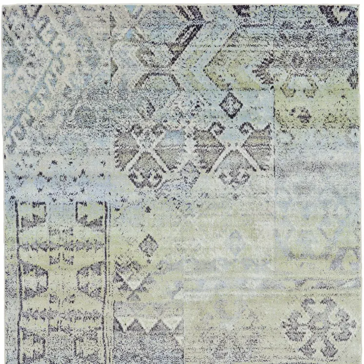 8' X 11' Green and Gray Abstract Power Loom Worn Faded Area Rug