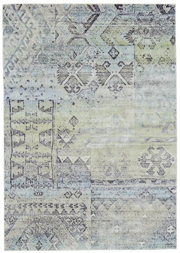 8' X 11' Green and Gray Abstract Power Loom Worn Faded Area Rug