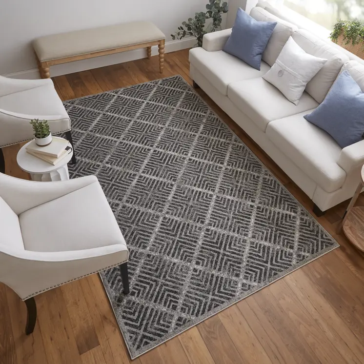 8' X 11' Gray and Black Geometric Power Loom Worn Faded Area Rug