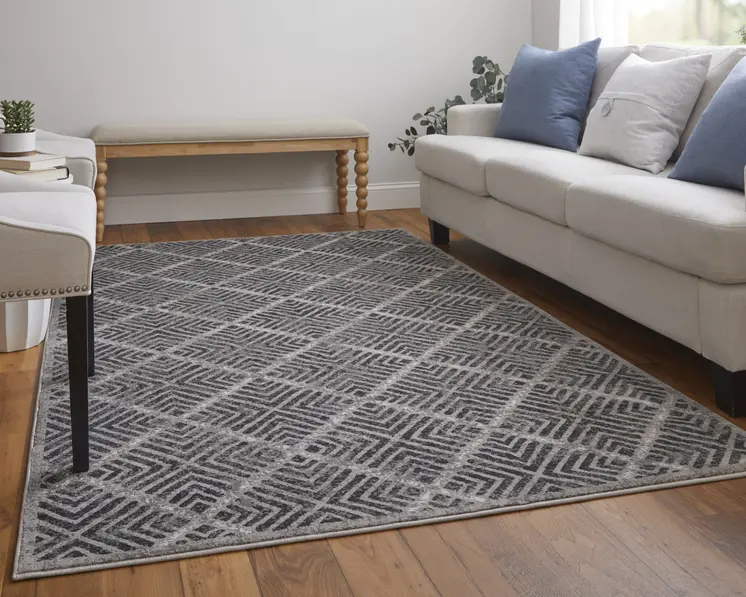 8' X 11' Gray and Black Geometric Power Loom Worn Faded Area Rug