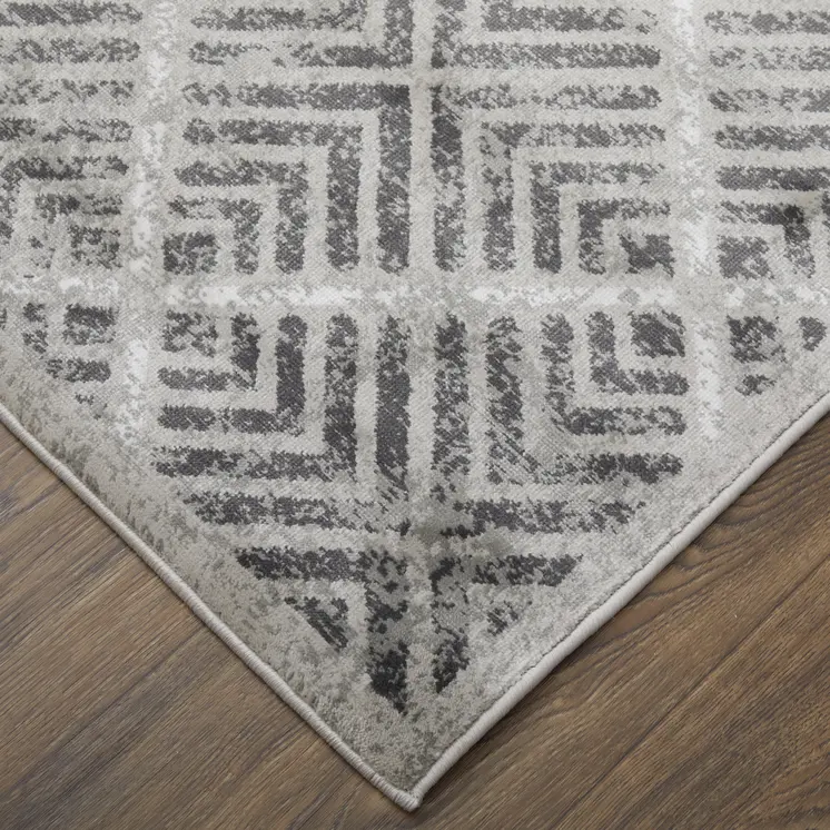 8' X 11' Gray and Black Geometric Power Loom Worn Faded Area Rug