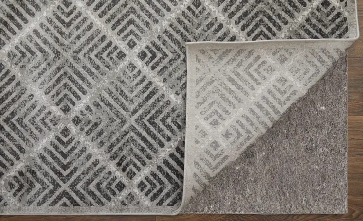 8' X 11' Gray and Black Geometric Power Loom Worn Faded Area Rug