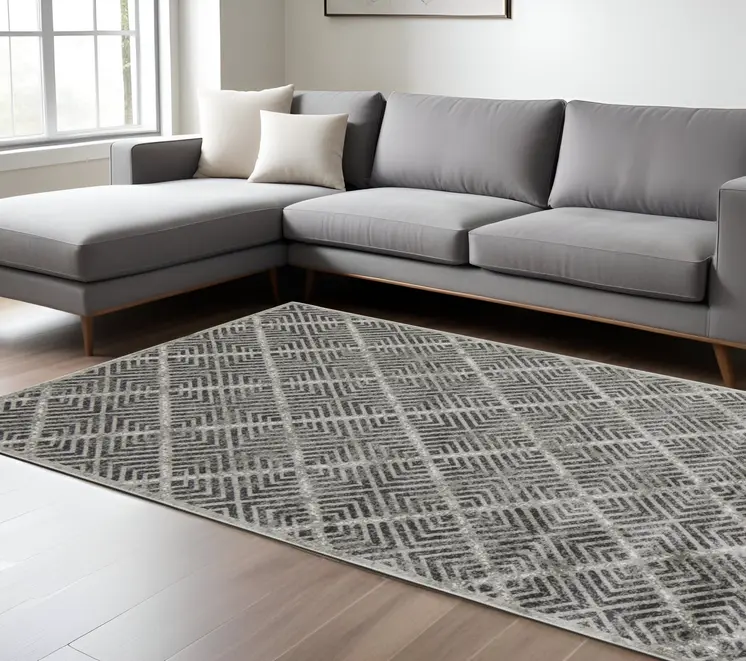 8' X 11' Gray and Black Geometric Power Loom Worn Faded Area Rug