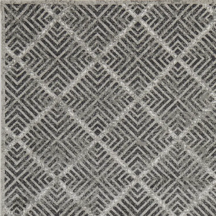 8' X 11' Gray and Black Geometric Power Loom Worn Faded Area Rug