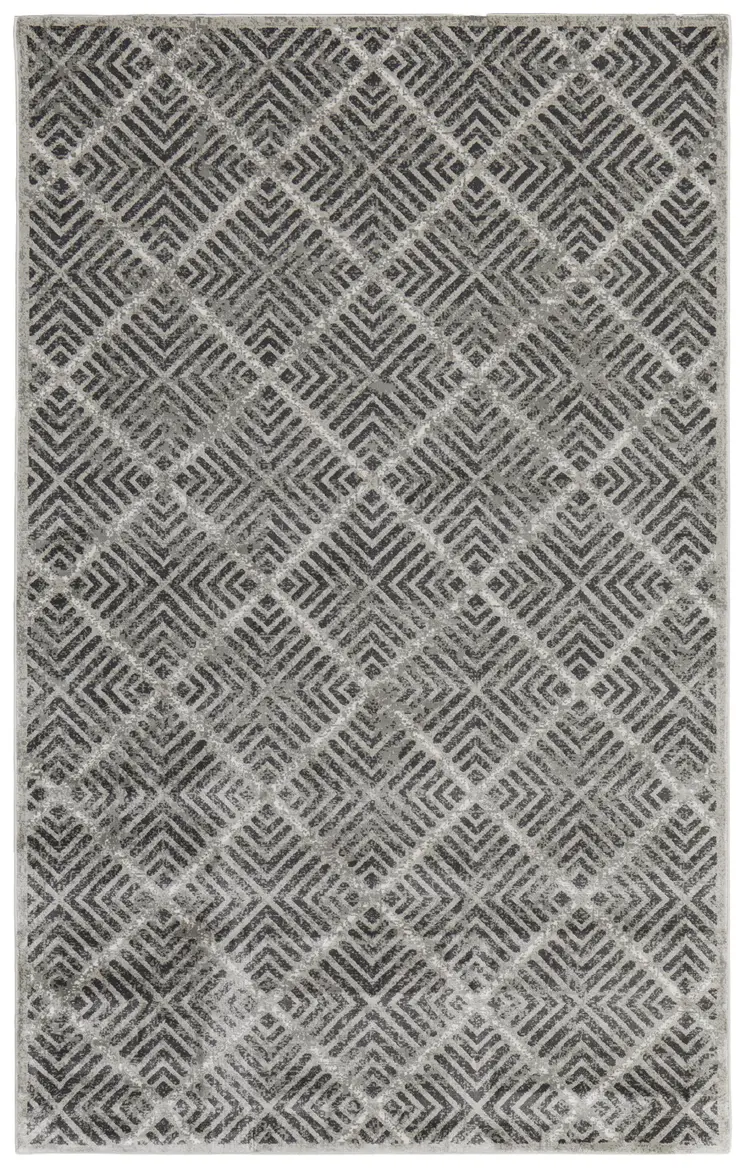 8' X 11' Gray and Black Geometric Power Loom Worn Faded Area Rug