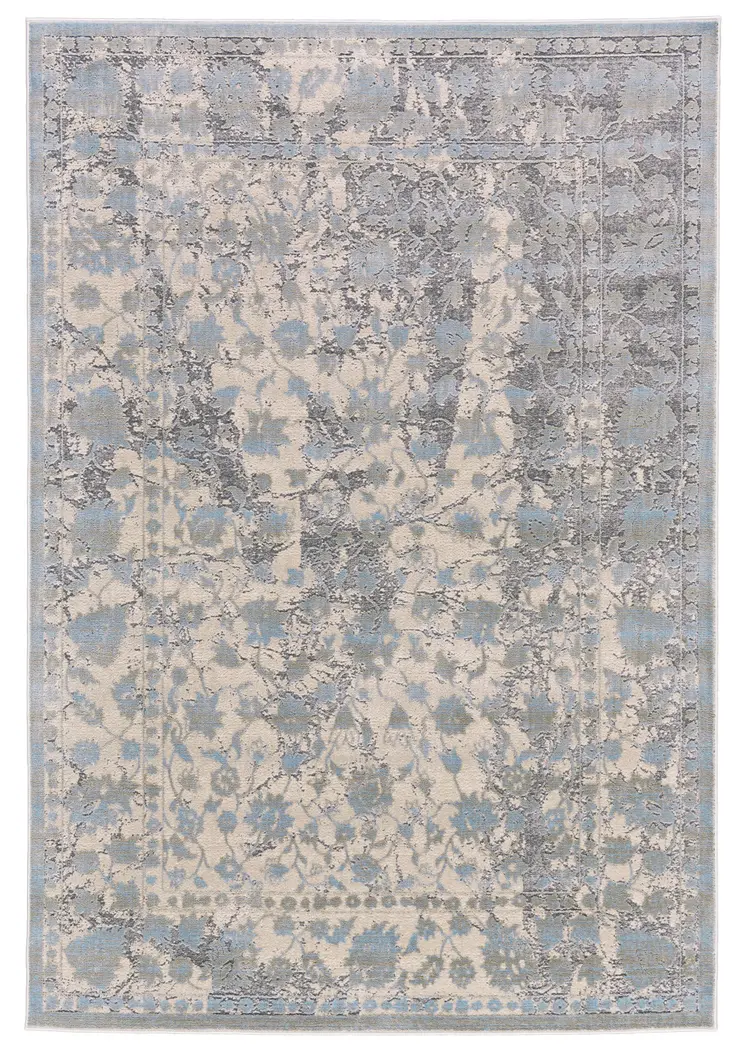 10' X 13' Ivory Taupe and Blue Abstract Power Loom Worn Faded Area Rug