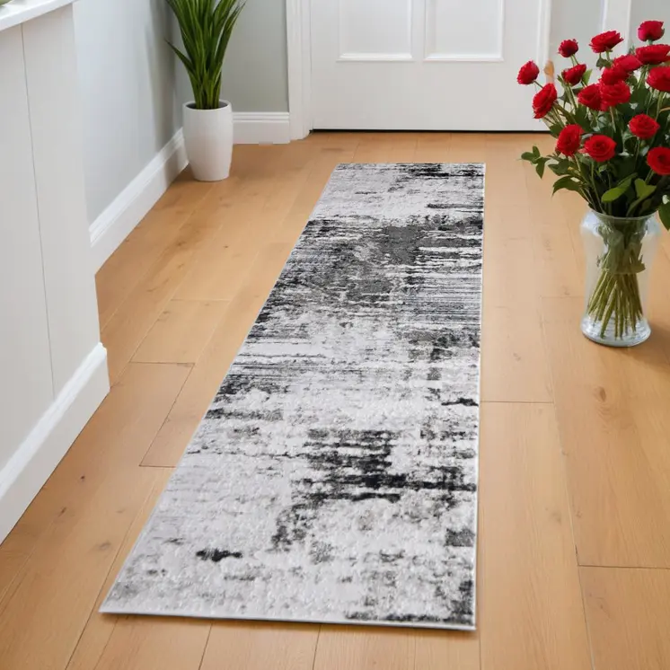 8' Gray Ivory and Taupe Abstract Power Loom Worn Faded Runner Rug