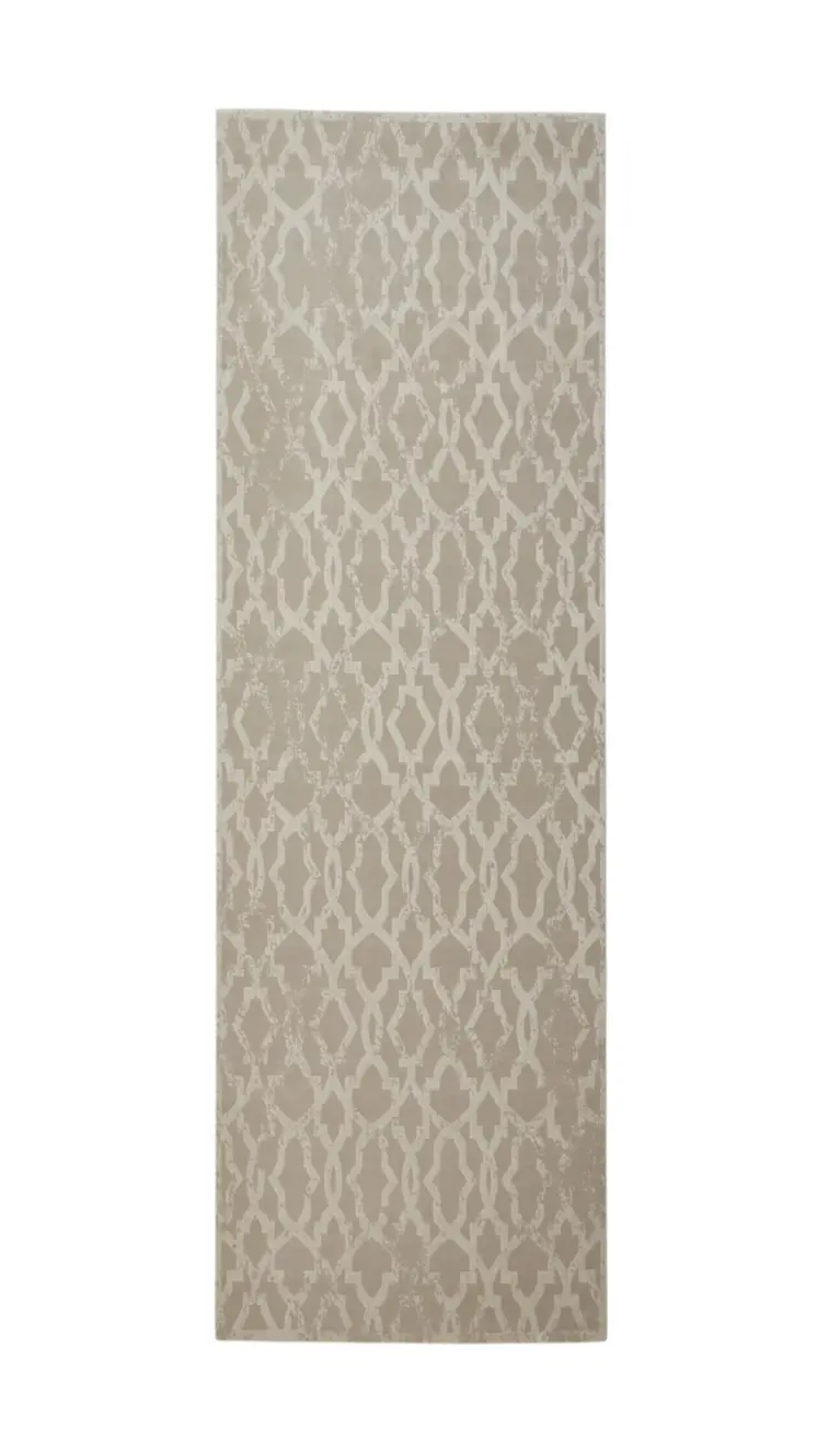 8' Tan and Ivory Geometric Power Loom Worn Faded Runner Rug