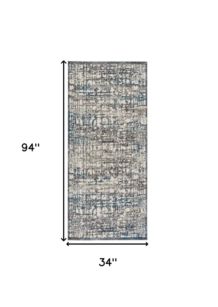 8' Gray Ivory and Blue Abstract Power Loom Runner Rug