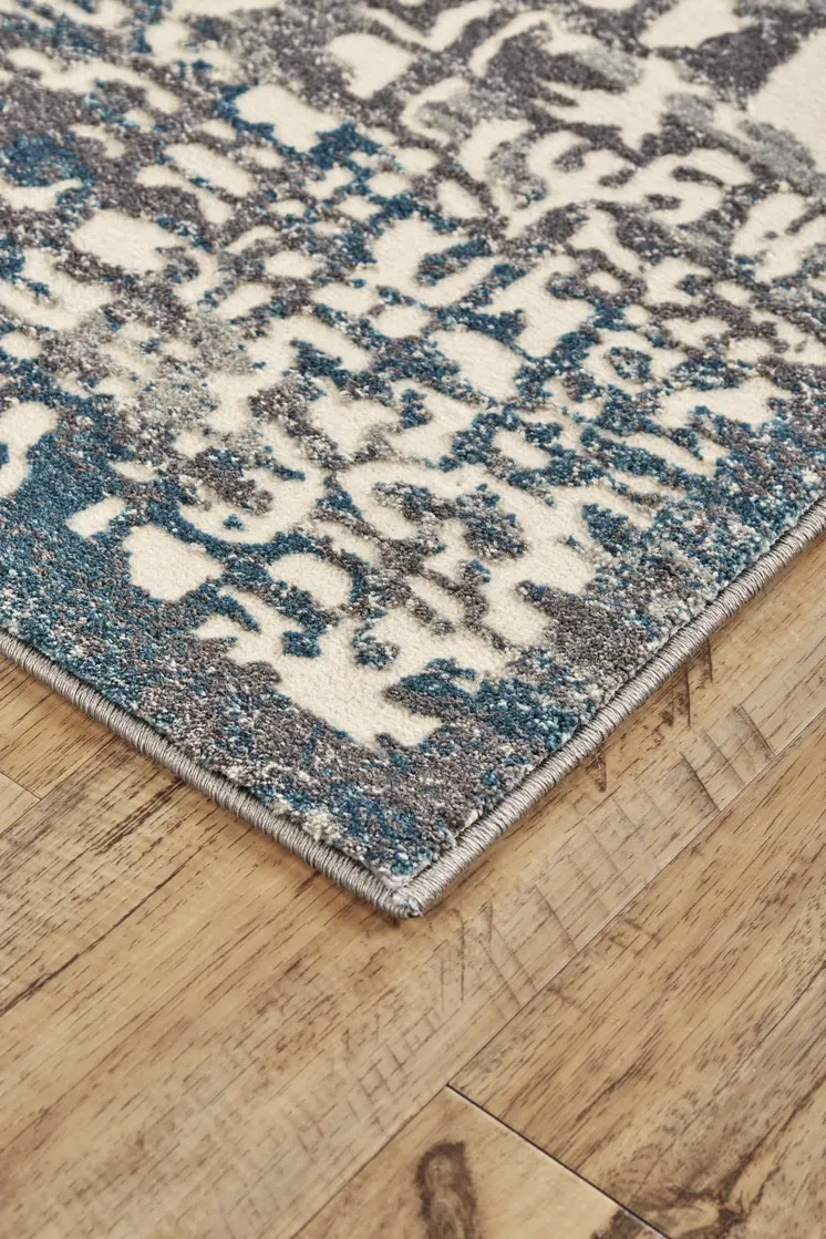 8' Gray Ivory and Blue Abstract Power Loom Runner Rug