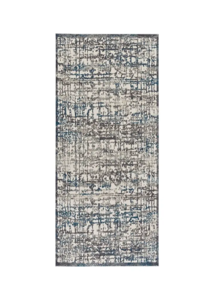 8' Gray Ivory and Blue Abstract Power Loom Runner Rug