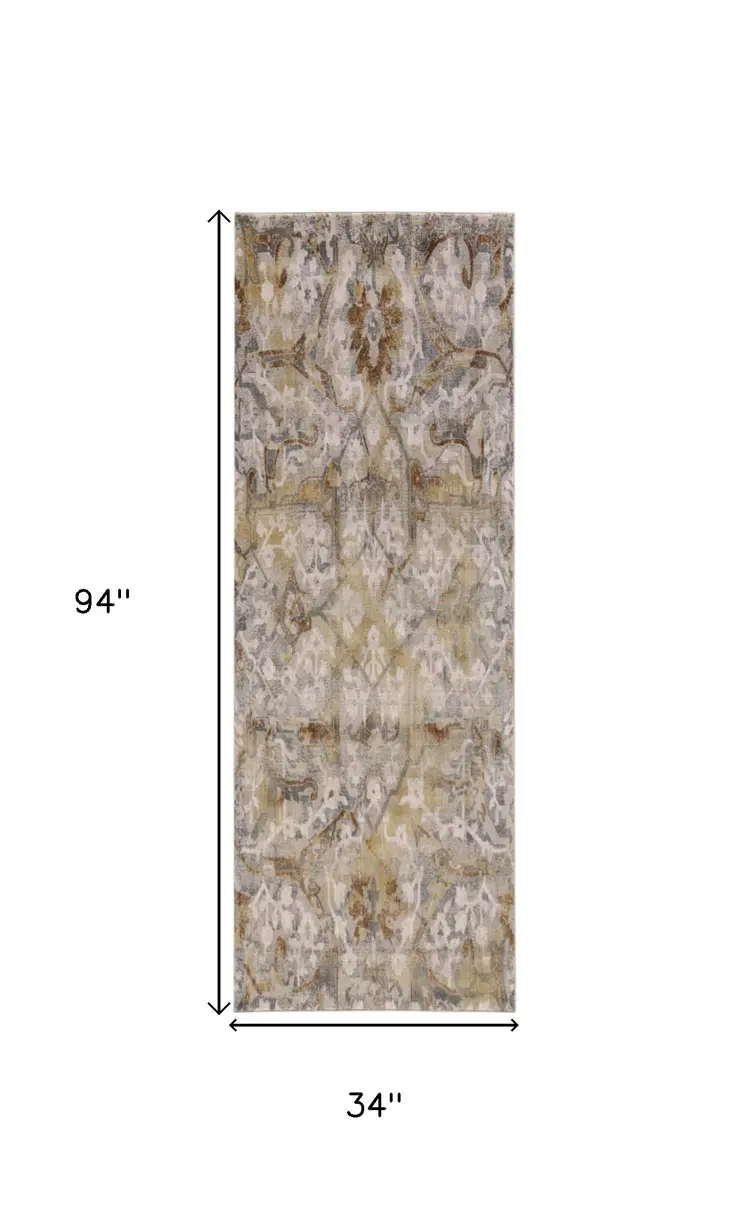 8' Gray Yellow and Ivory Floral Power Loom Worn Faded Runner Rug