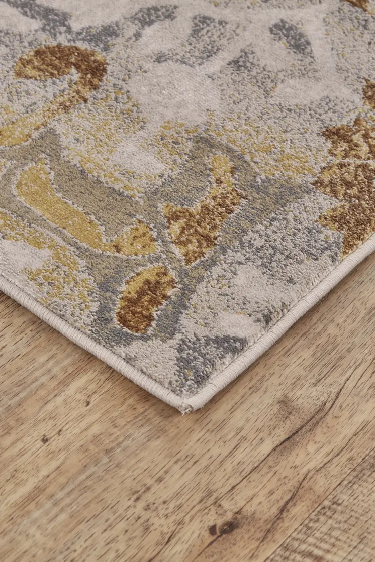 8' Gray Yellow and Ivory Floral Power Loom Worn Faded Runner Rug