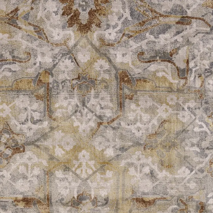 8' Gray Yellow and Ivory Floral Power Loom Worn Faded Runner Rug