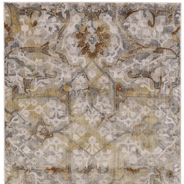 8' Gray Yellow and Ivory Floral Power Loom Worn Faded Runner Rug