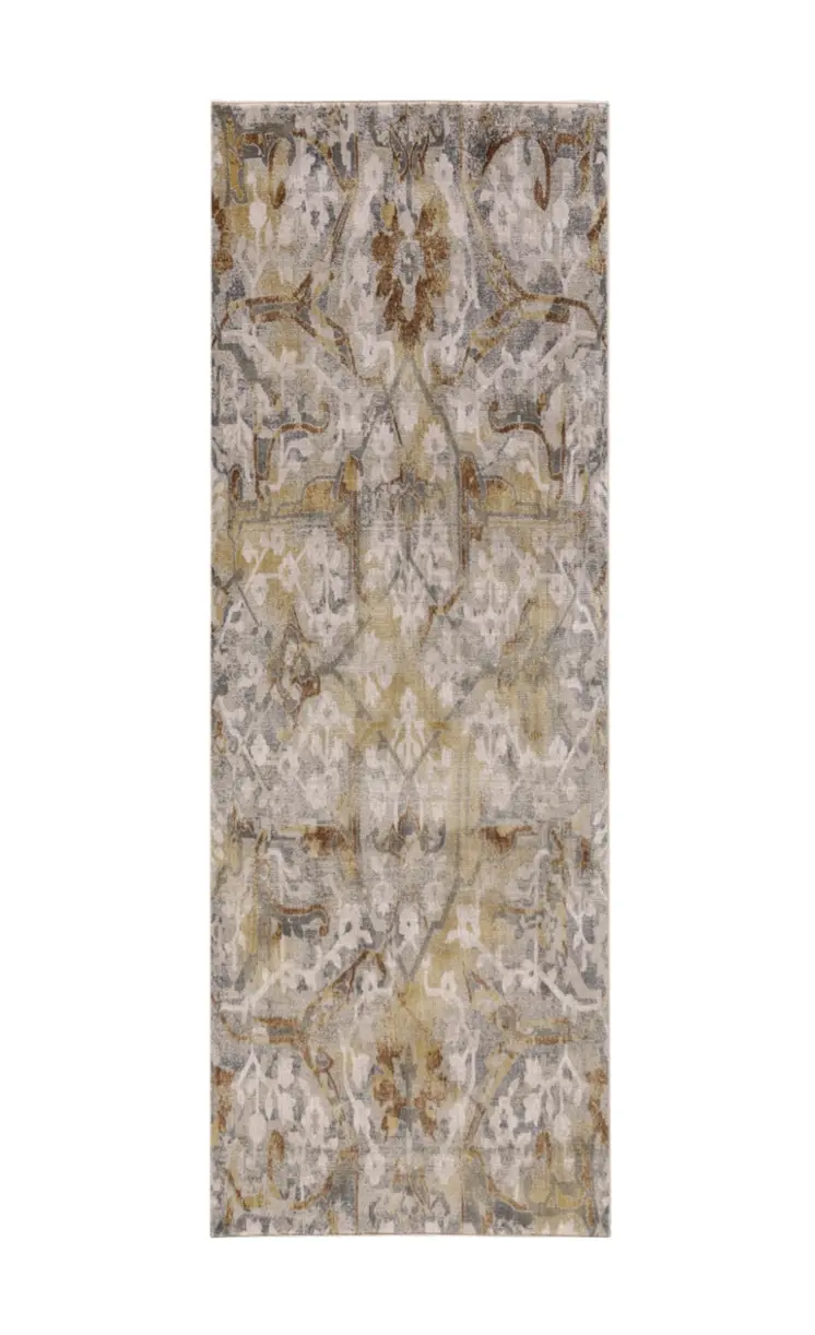 8' Gray Yellow and Ivory Floral Power Loom Worn Faded Runner Rug