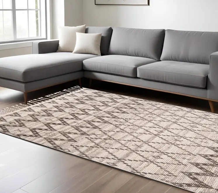 8' X 12' Taupe and Ivory Wool Geometric Hand Knotted Area Rug