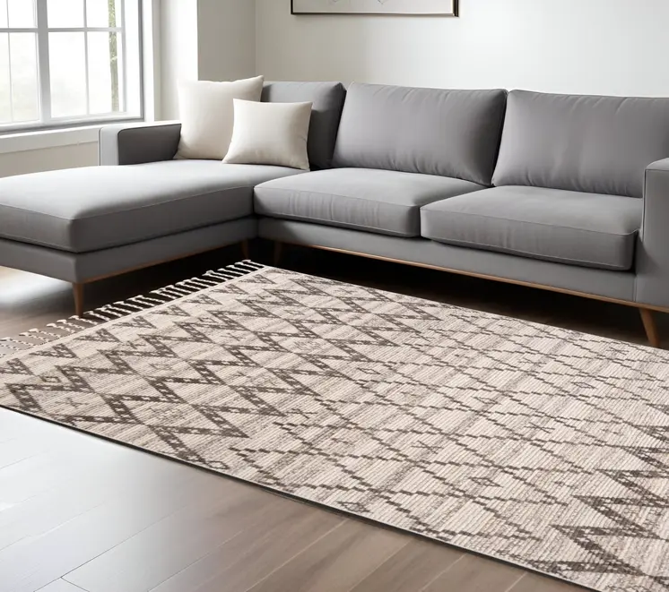 9' X 13' Taupe and Ivory Wool Geometric Hand Knotted Area Rug