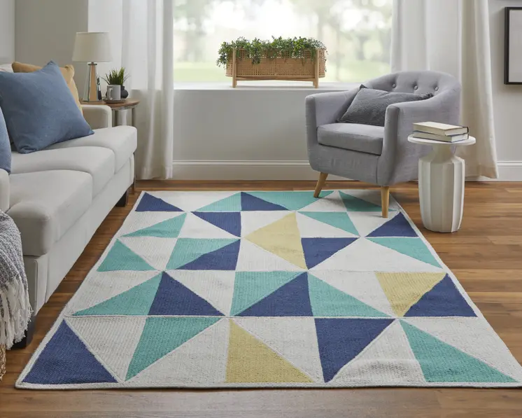 5' X 8' Blue Ivory and Yellow Geometric Power Loom Area Rug