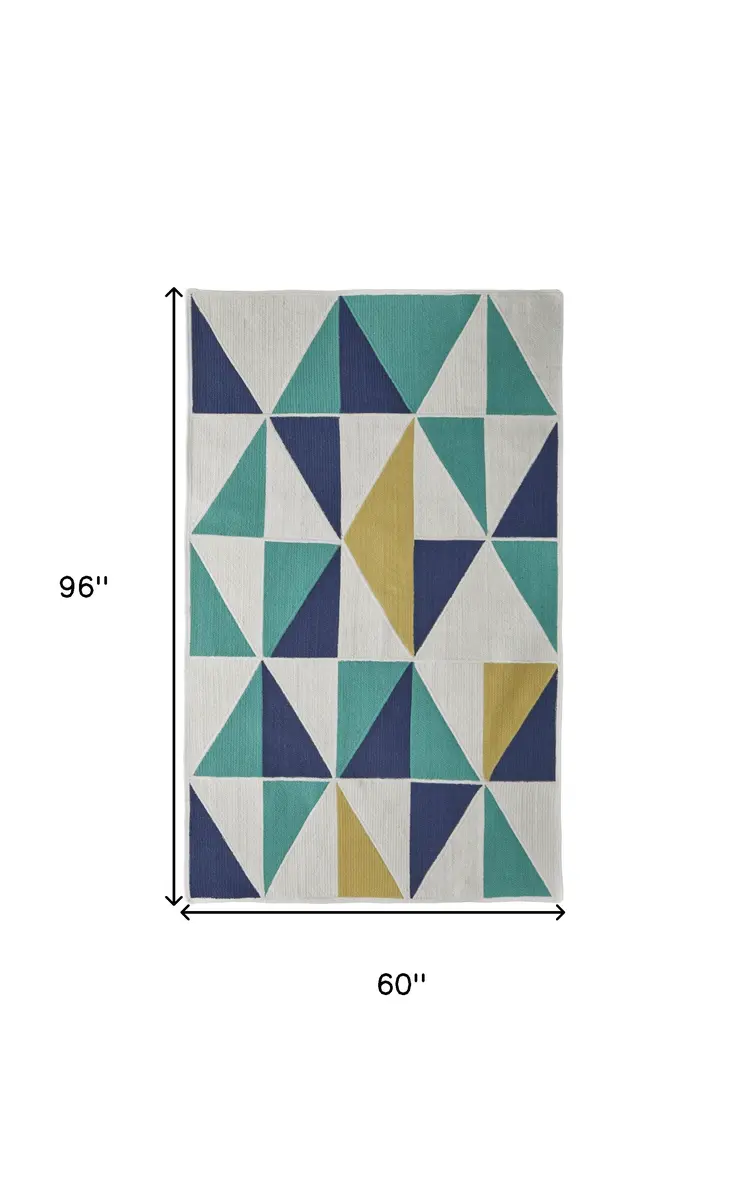 5' X 8' Blue Ivory and Yellow Geometric Power Loom Area Rug