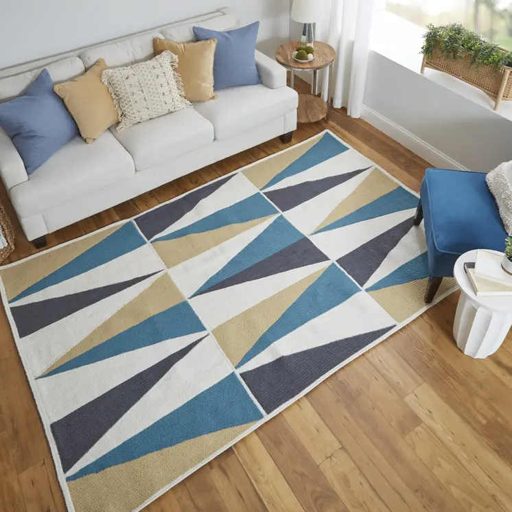 5' X 8' Blue Ivory and Gold Geometric Power Loom Area Rug