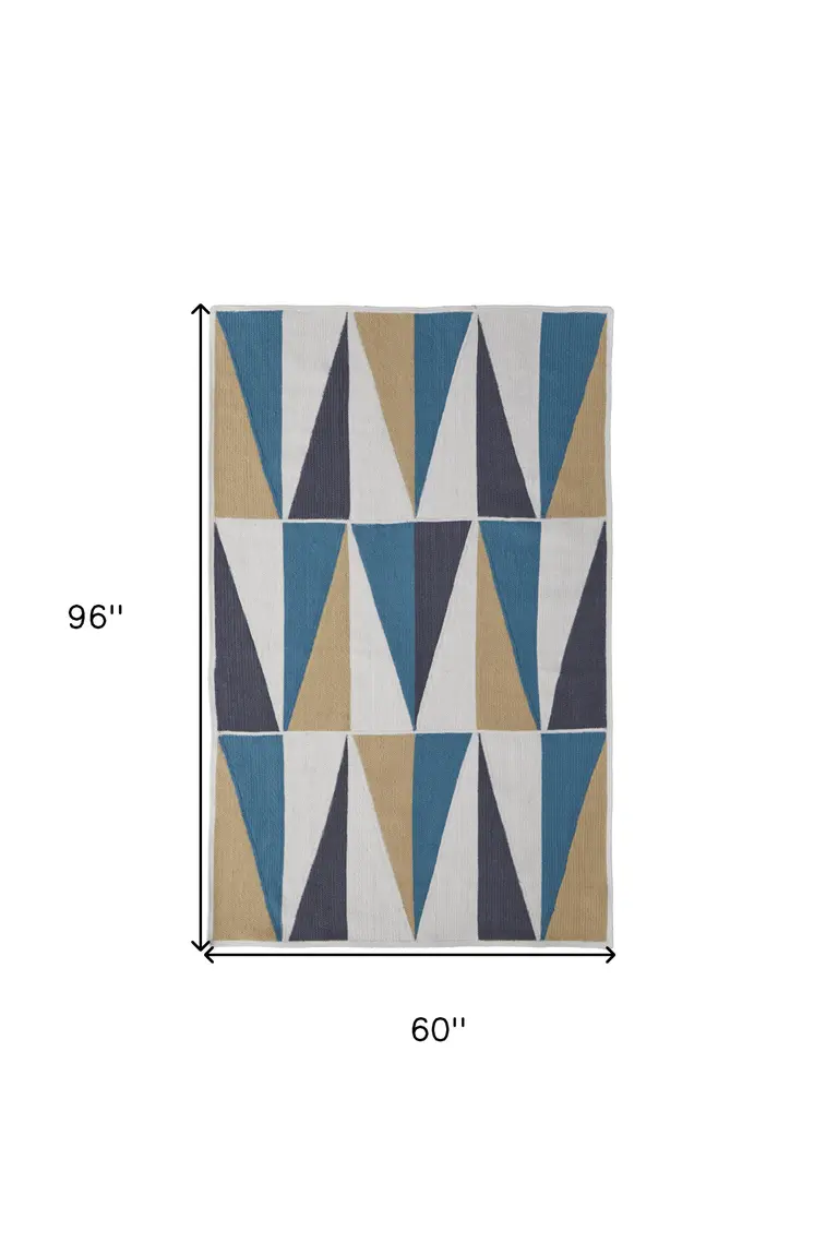 5' X 8' Blue Ivory and Gold Geometric Power Loom Area Rug