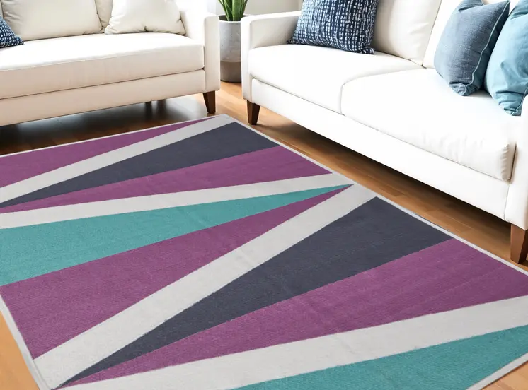 5' X 8' Ivory Purple and Green Geometric Power Loom Area Rug