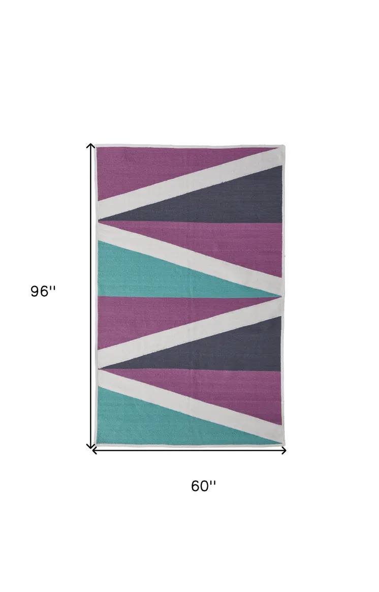 5' X 8' Ivory Purple and Green Geometric Power Loom Area Rug