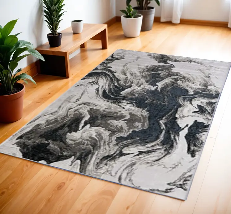 4' X 6' Ivory Black and Taupe Abstract Power Loom Area Rug