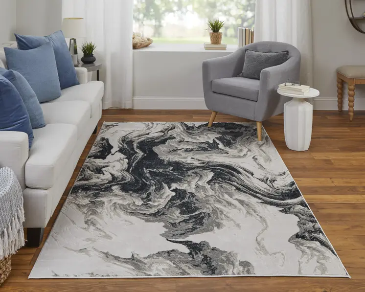8' X 10' Ivory Black and Taupe Abstract Power Loom Area Rug