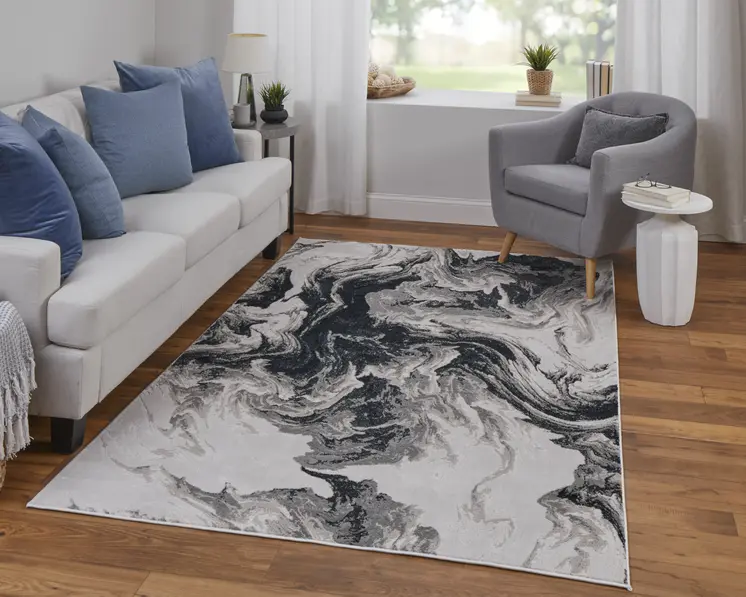 8' X 10' Ivory Black and Taupe Abstract Power Loom Area Rug