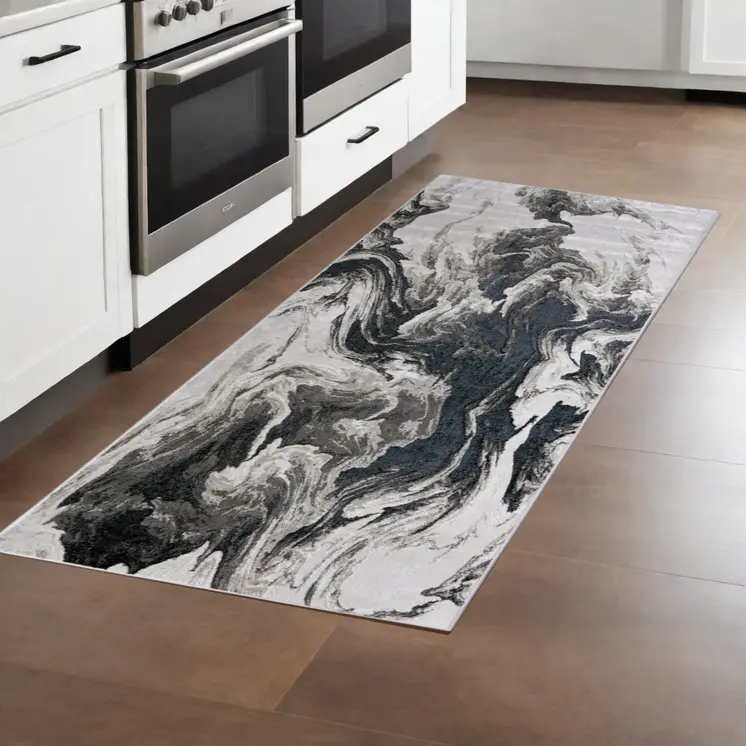 8' Ivory Black and Taupe Abstract Power Loom Runner Rug
