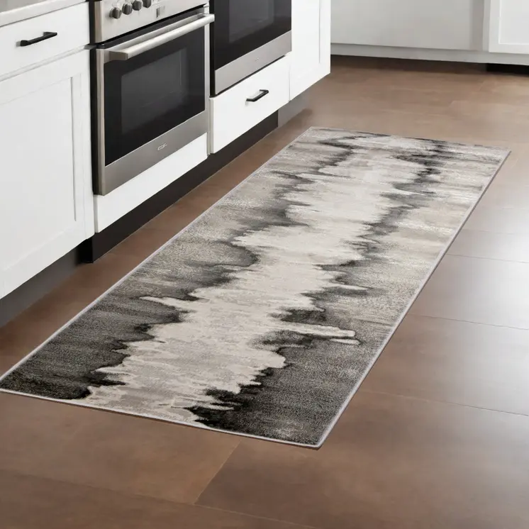 8' Gray Ivory and Taupe Abstract Power Loom Runner Rug