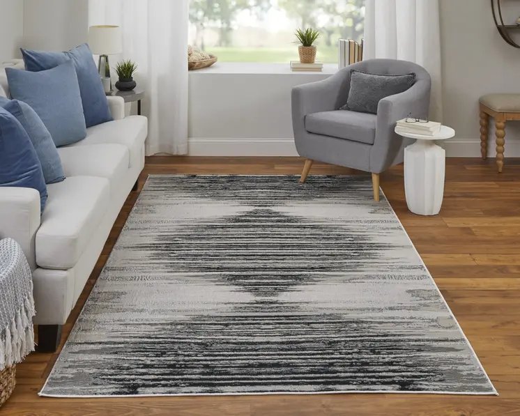 8' X 10' Black and Silver Geometric Power Loom Area Rug