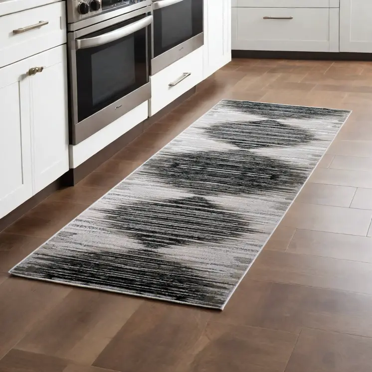 8' Black and Silver Geometric Power Loom Runner Rug