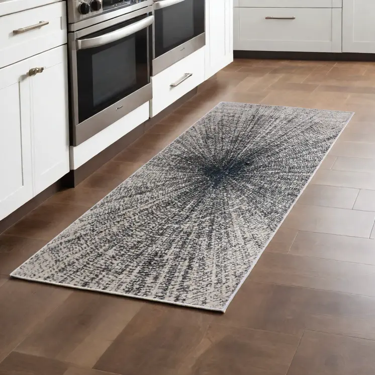 8' Gray and Ivory Abstract Power Loom Runner Rug