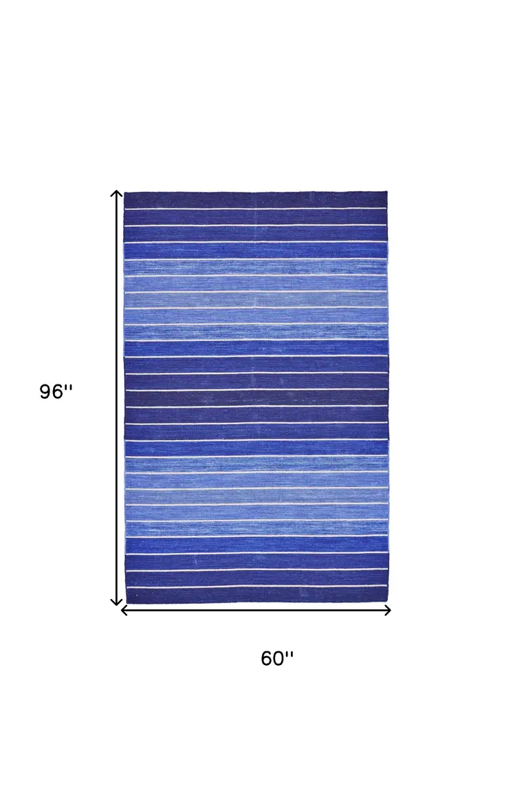 5' X 8' Blue Wool Striped Hand Woven Area Rug