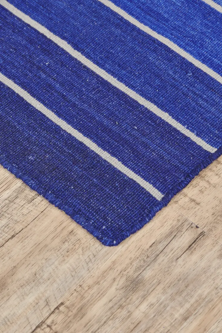 5' X 8' Blue Wool Striped Hand Woven Area Rug