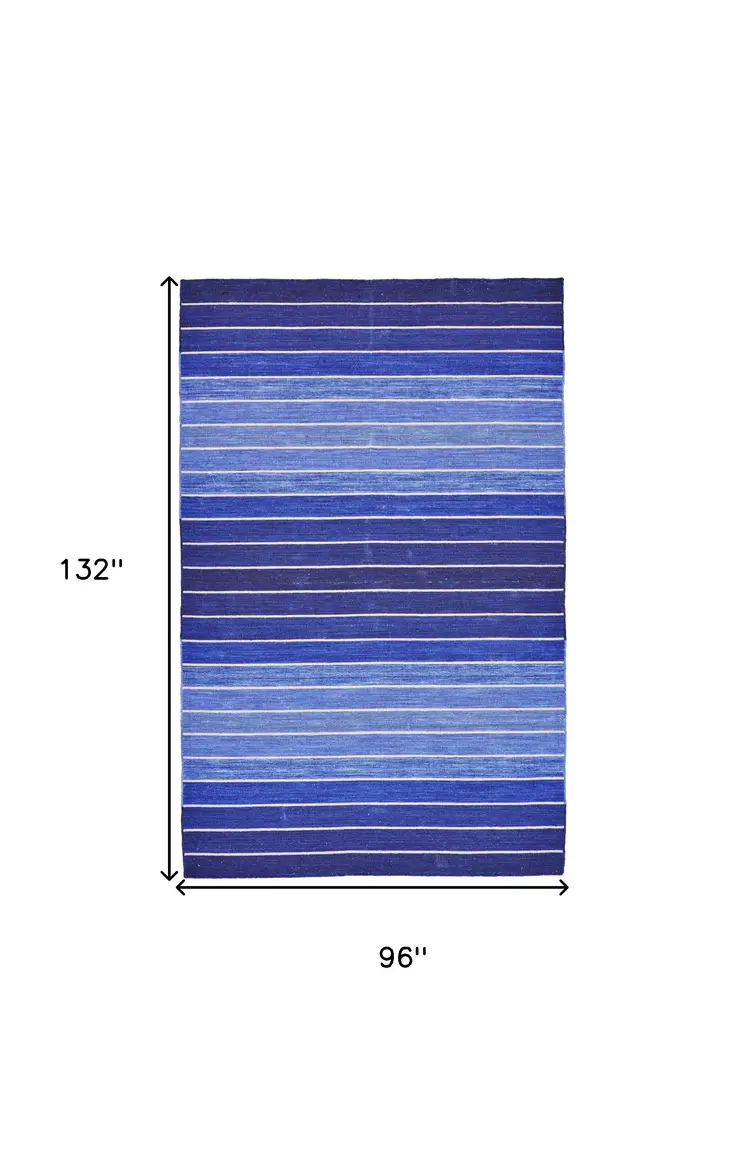 8' X 11' Blue Wool Striped Hand Woven Area Rug