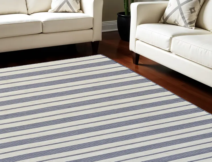 10' X 14' Ivory and Blue Striped Hand Woven Area Rug