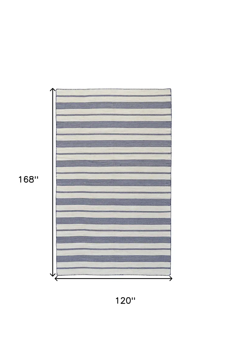 10' X 14' Ivory and Blue Striped Hand Woven Area Rug