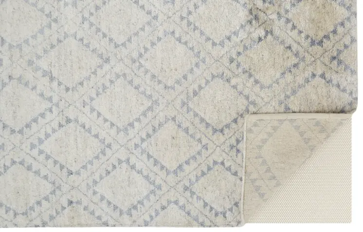 6' X 9' Gray and Ivory Geometric Hand Knotted Worn Faded Area Rug
