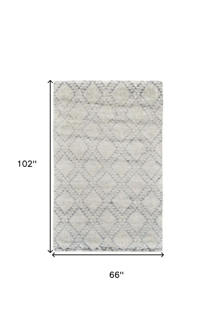 6' X 9' Gray and Ivory Geometric Hand Knotted Worn Faded Area Rug